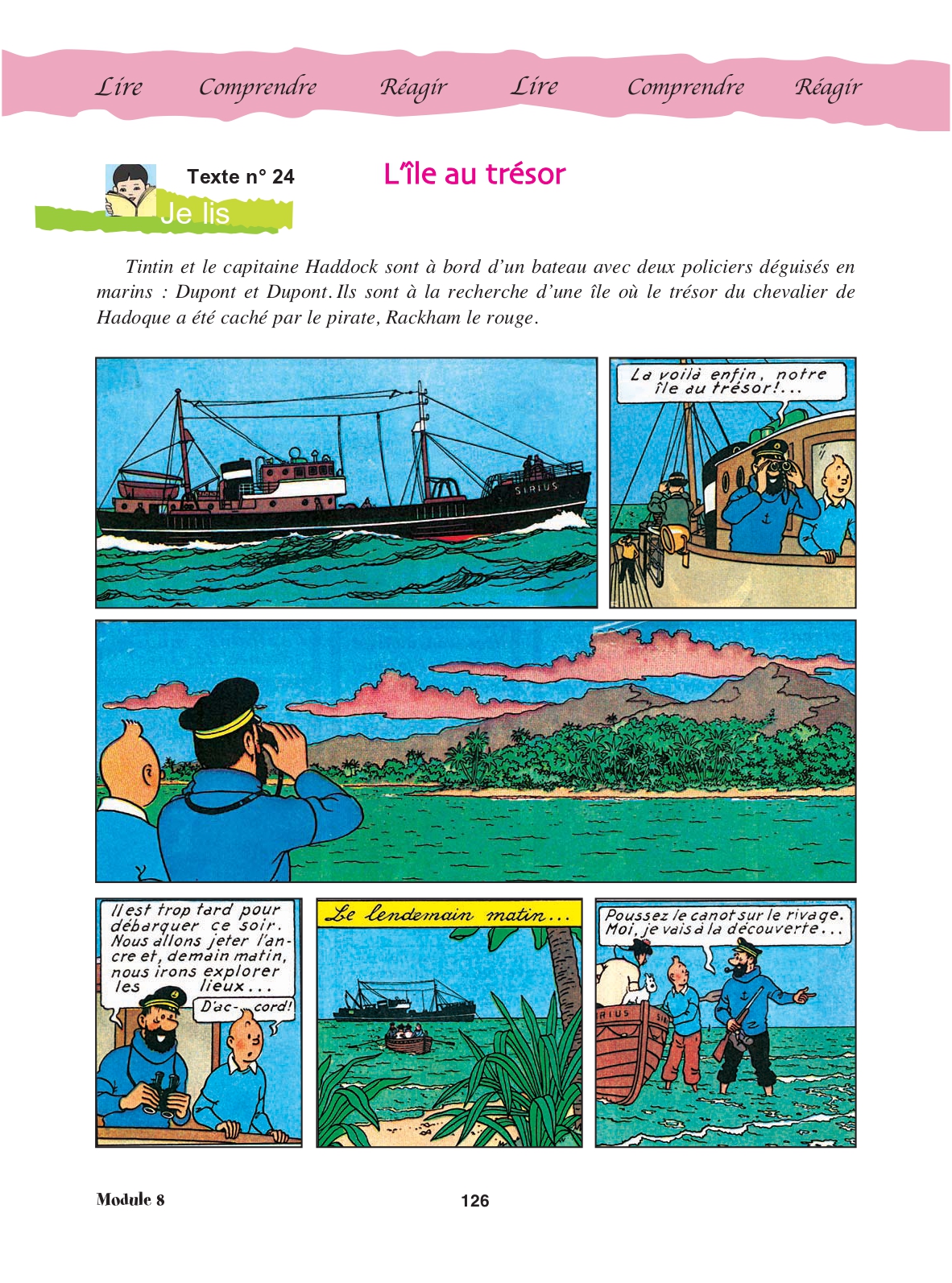 Page 126 du manuel : début de la bande dessinée « L'île au trésor »